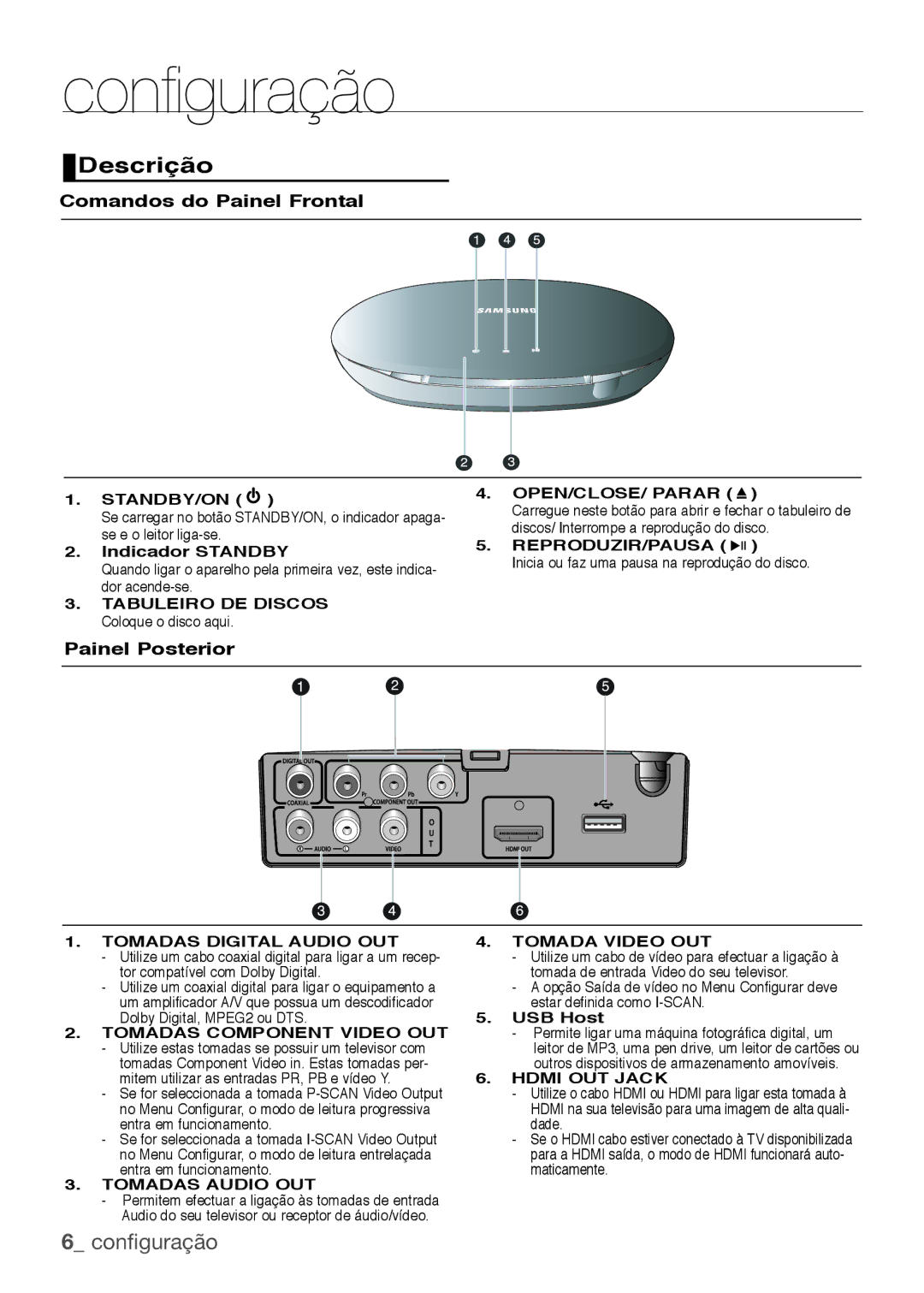 Samsung DVD-H1080R/XEC Descrição, Comandos do Painel Frontal, Painel Posterior, Tabuleiro DE Discos Coloque o disco aqui 