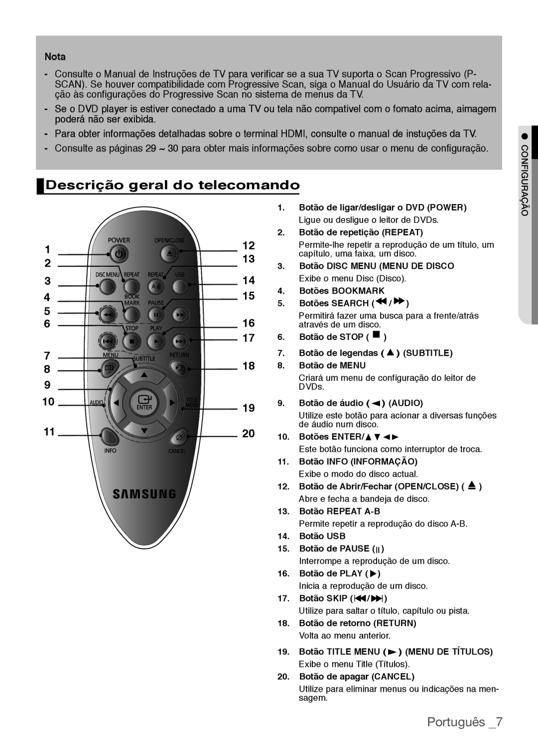 Samsung DVD-H1080/XEC, DVD-H1080R/XEC manual Descrição geral do telecomando 