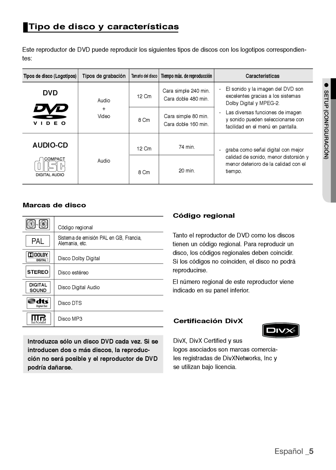 Samsung DVD-H1080/XEC manual Tipo de disco y características, Marcas de disco, Certificación DivX, Características 