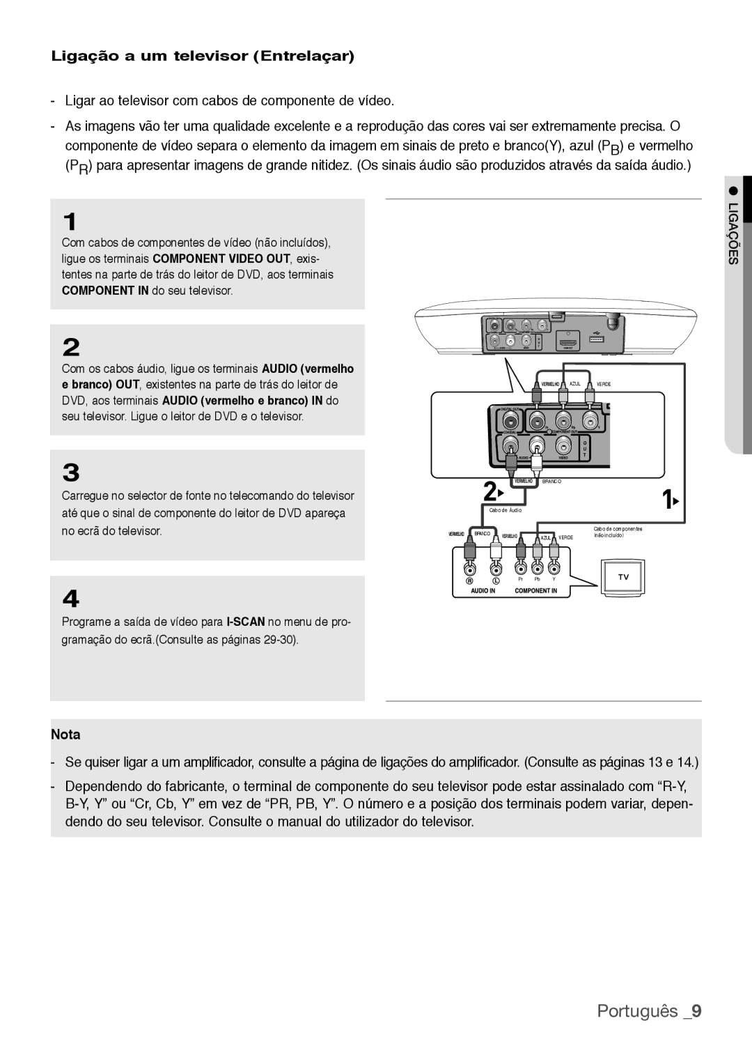 Samsung DVD-H1080/XEC manual Ligação a um televisor Entrelaçar, Ligar ao televisor com cabos de componente de vídeo 