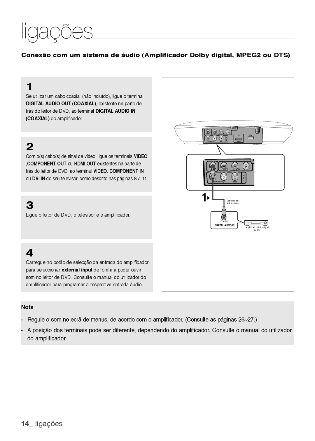 Samsung DVD-H1080R/XEC, DVD-H1080/XEC manual Nota, Ligue o leitor de DVD, o televisor e o amplificador 