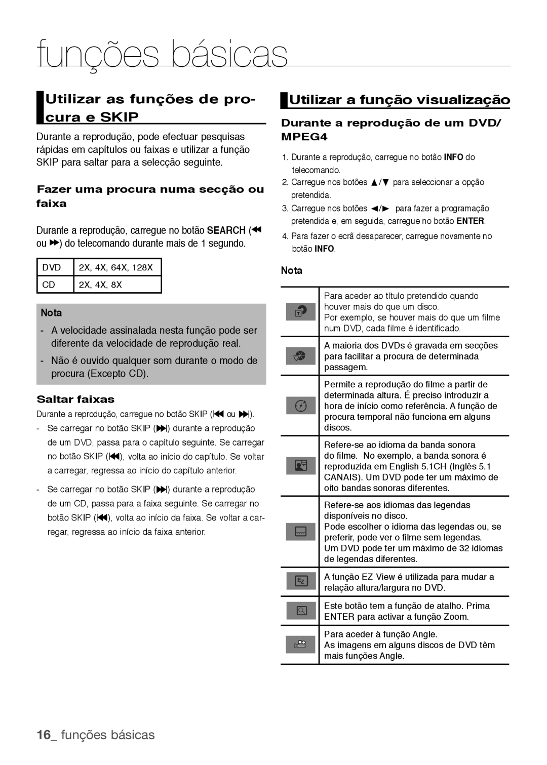 Samsung DVD-H1080R/XEC manual Utilizar as funções de pro- cura e Skip, Utilizar a função visualização, 16 funções básicas 