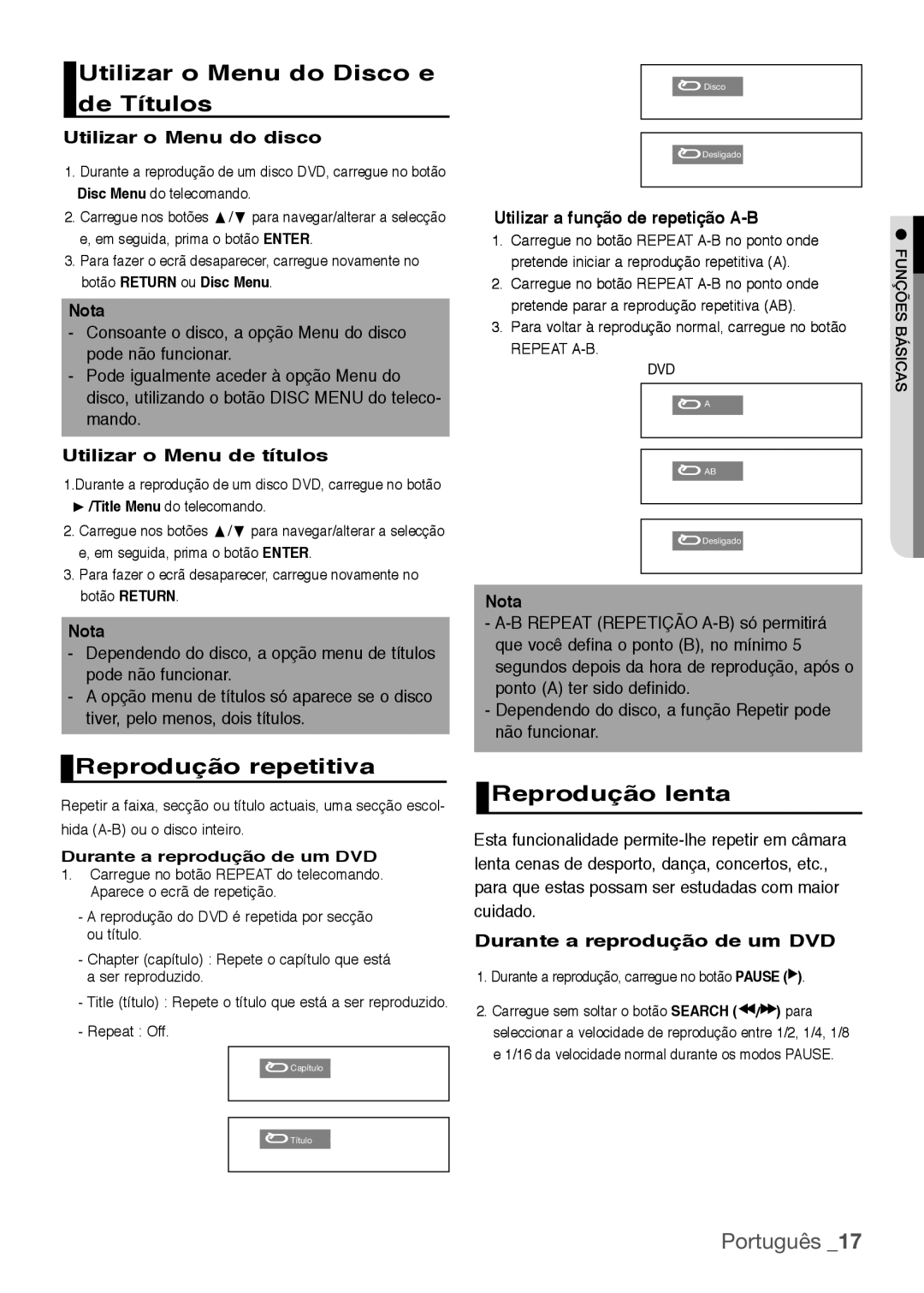 Samsung DVD-H1080/XEC, DVD-H1080R/XEC manual Utilizar o Menu do Disco e de Títulos, Reprodução repetitiva, Reprodução lenta 