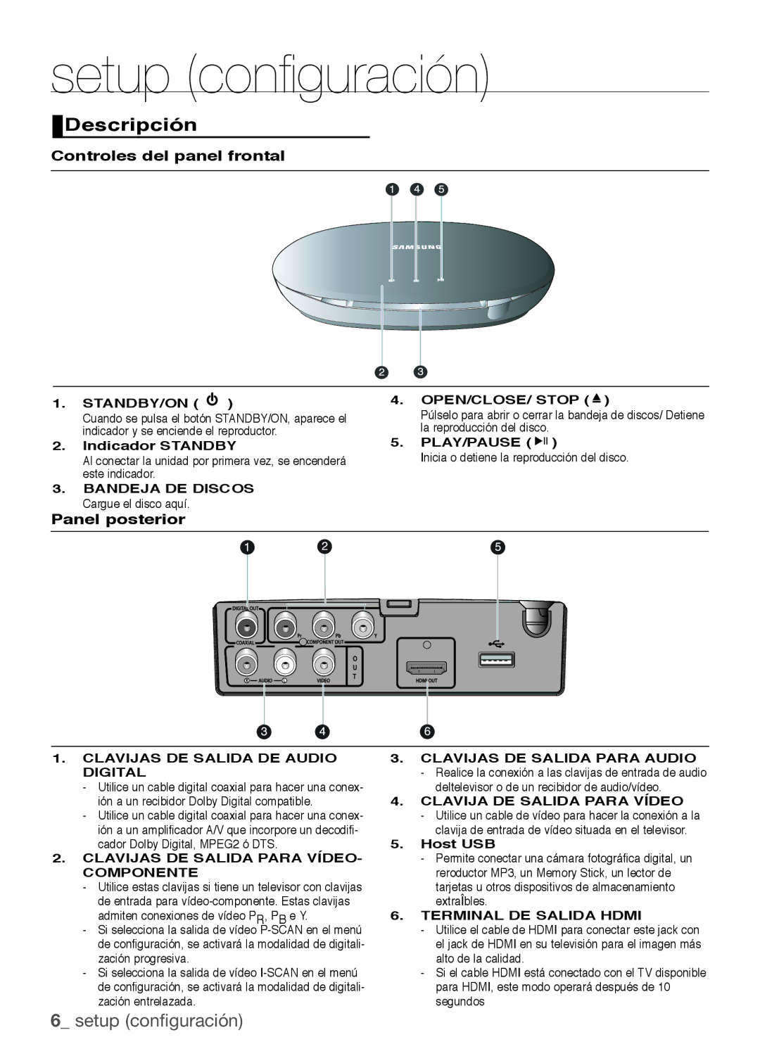 Samsung DVD-H1080R/XEC, DVD-H1080/XEC manual Descripción, Controles del panel frontal, Panel posterior 