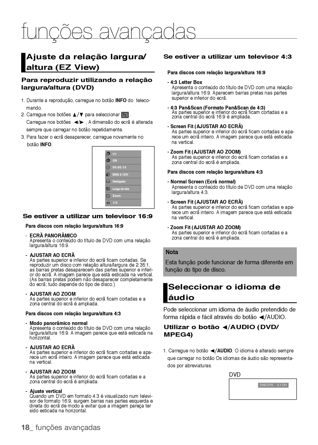 Samsung DVD-H1080R/XEC manual Funções avançadas, Ajuste da relação largura/ altura EZ View, Seleccionar o idioma de áudio 