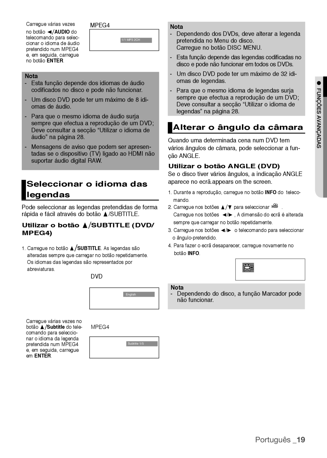 Samsung DVD-H1080/XEC Seleccionar o idioma das legendas, Alterar o ângulo da câmara, Utilizar o botão Angle DVD, Em Enter 