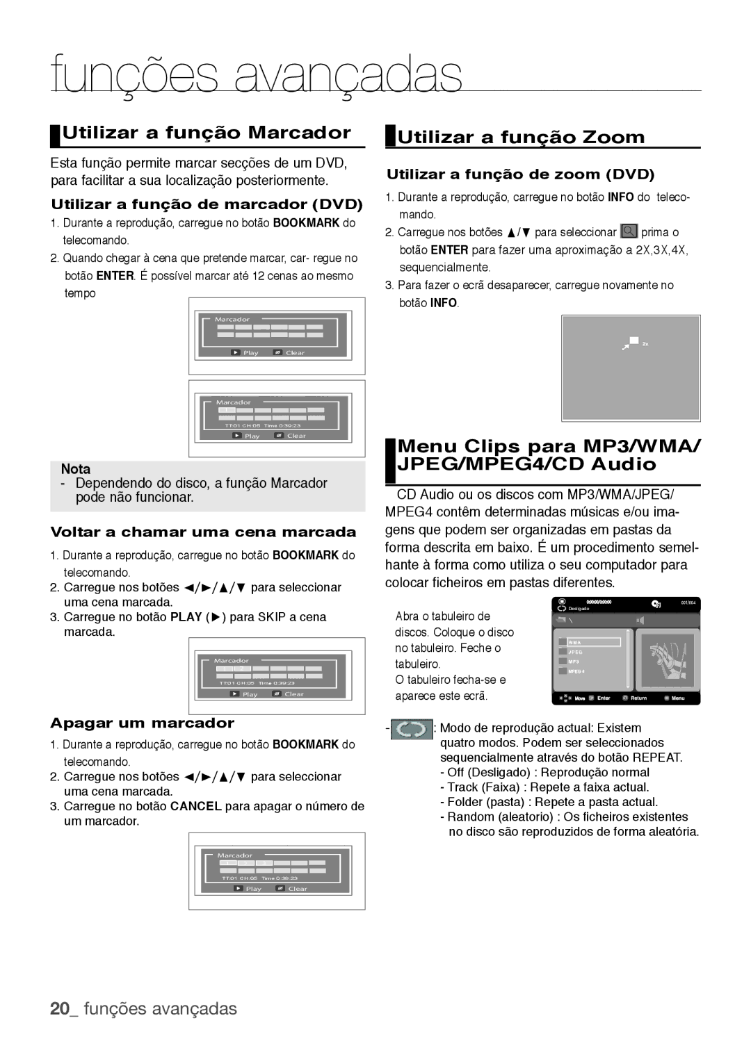 Samsung DVD-H1080R/XEC Utilizar a função Marcador Utilizar a função Zoom, Menu Clips para MP3/WMA, JPEG/MPEG4/CD Audio 