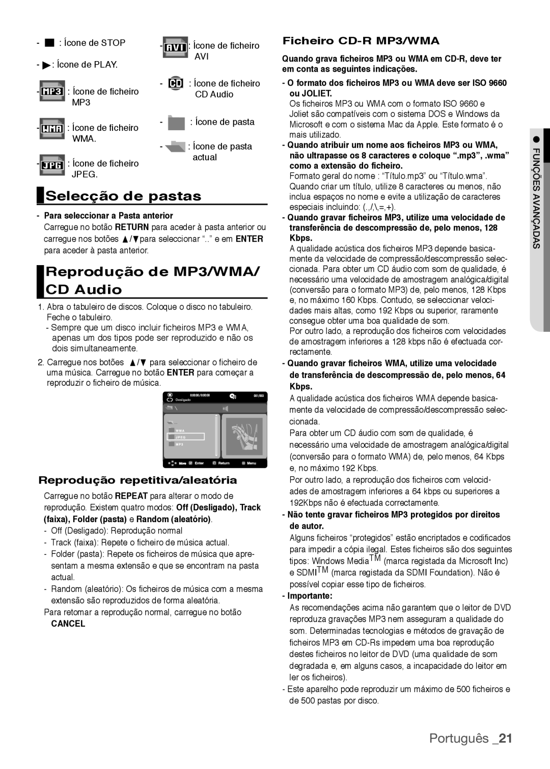 Samsung DVD-H1080/XEC, DVD-H1080R/XEC manual Selecção de pastas, Reprodução de MP3/WMA/ CD Audio, Ficheiro CD-R MP3/WMA 