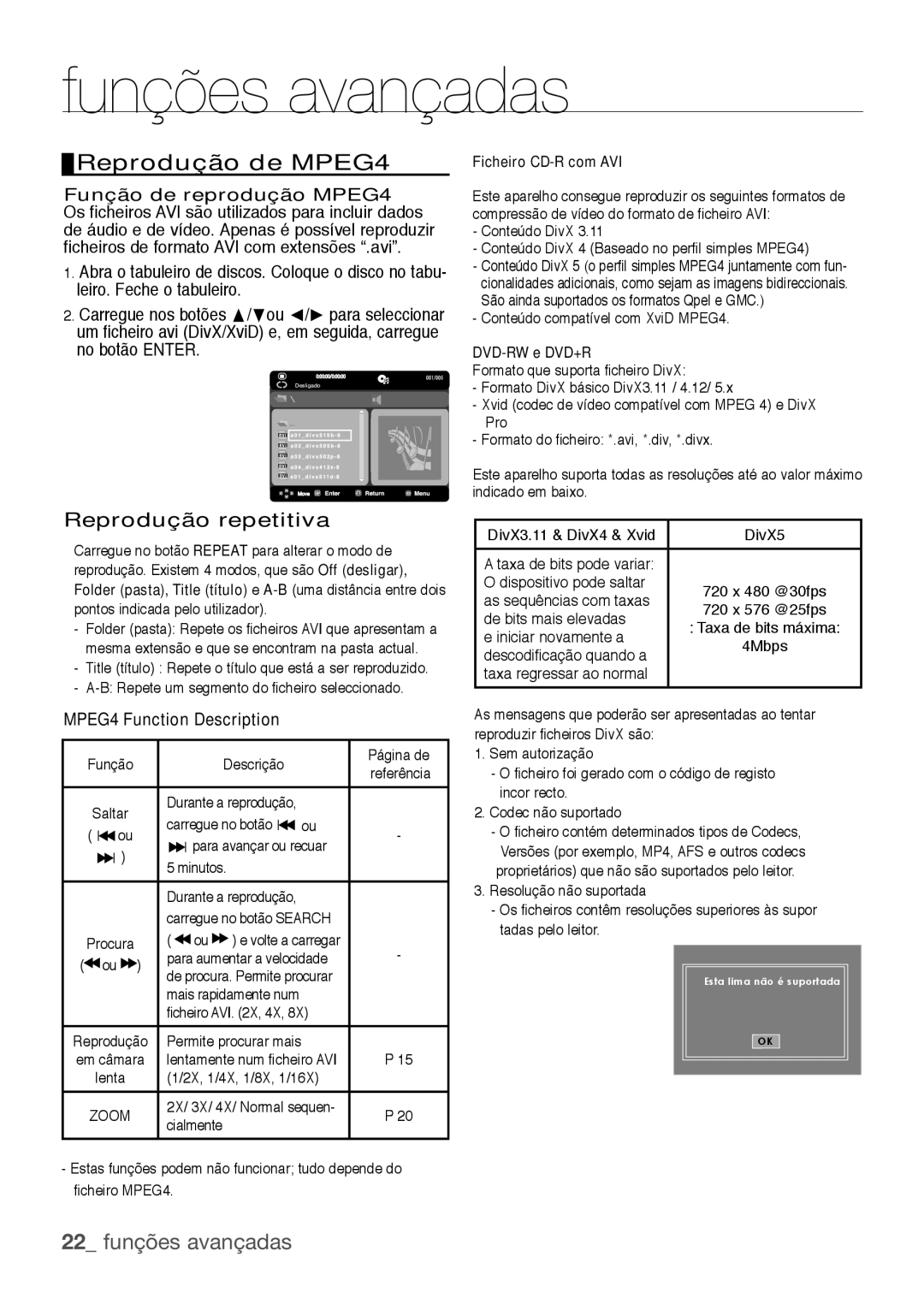 Samsung DVD-H1080R/XEC Reprodução de MPEG4, 22 funções avançadas, Função de reprodução MPEG4, MPEG4 Function Description 