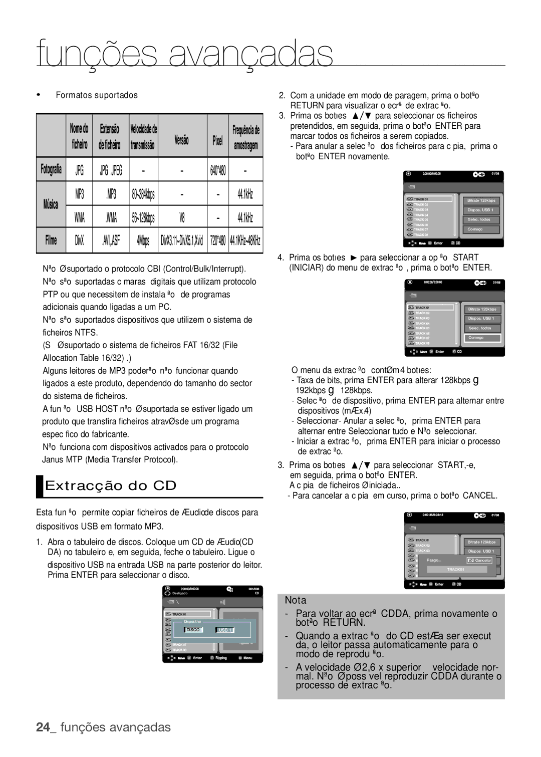 Samsung DVD-H1080R/XEC, DVD-H1080/XEC manual Extracção do CD, 24 funções avançadas, Formatos suportados 