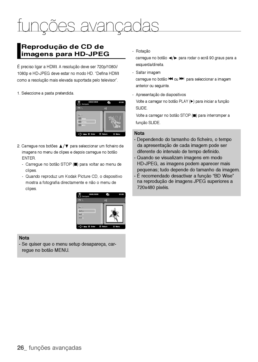 Samsung DVD-H1080R/XEC, DVD-H1080/XEC manual Reprodução de CD de imagens para HD-JPEG, 26 funções avançadas 