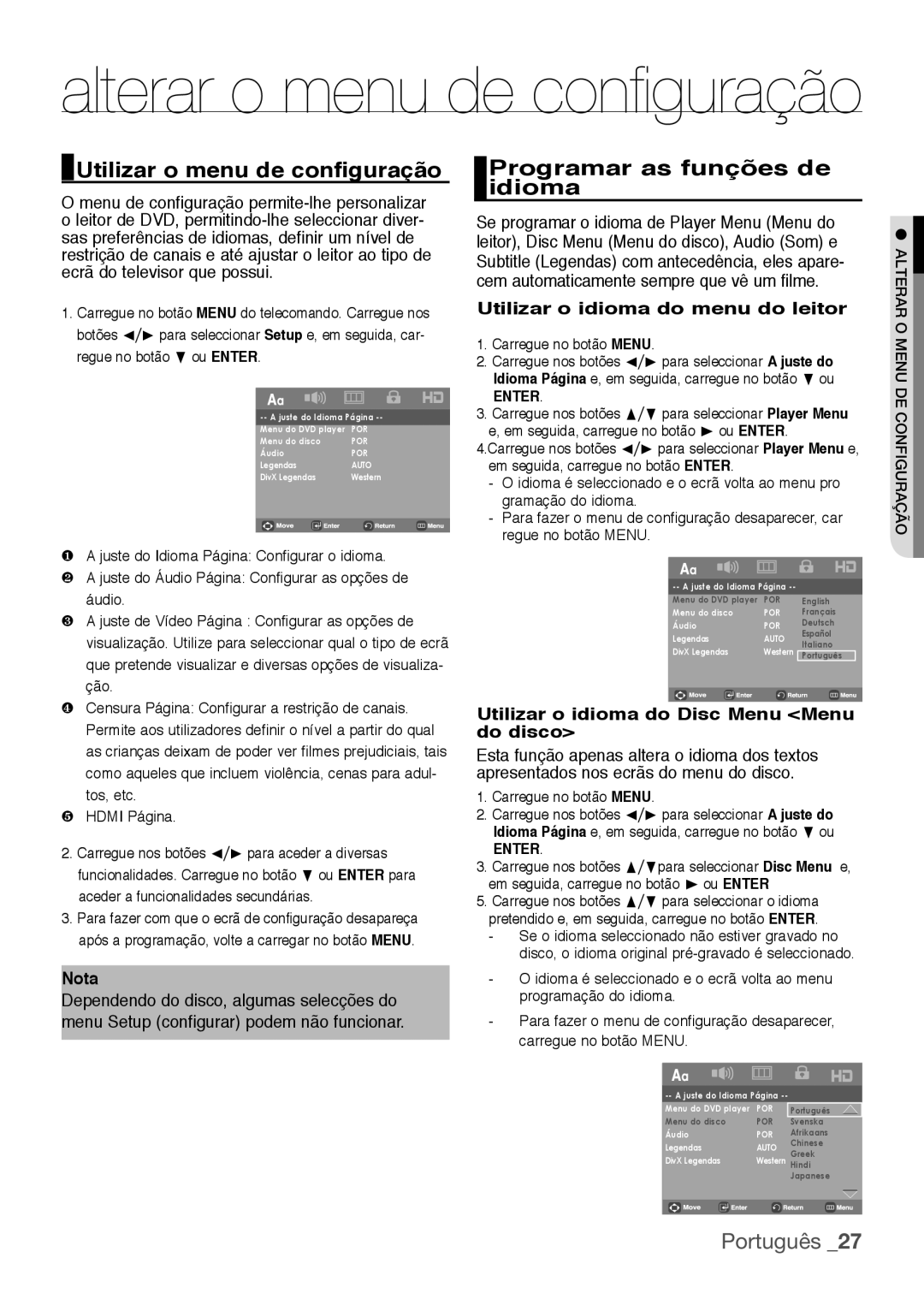 Samsung DVD-H1080/XEC Utilizar o menu de configuração, Programar as funções de idioma, Utilizar o idioma do menu do leitor 