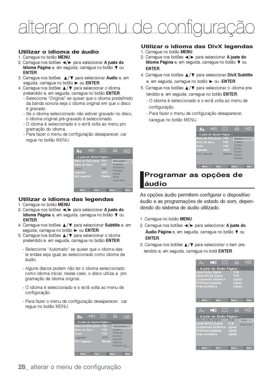 Samsung DVD-H1080R/XEC, DVD-H1080/XEC manual Programar as opções de áudio, Alterar o menu de configuração 