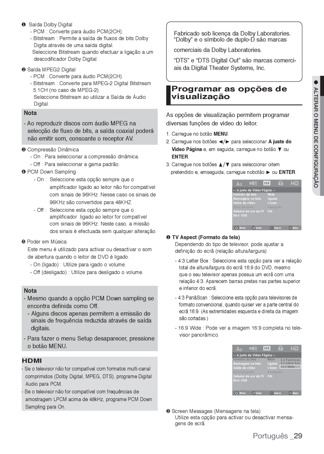 Samsung DVD-H1080/XEC, DVD-H1080R/XEC manual Programar as opções de visualização, ❶ TV Aspect Formato da tela 