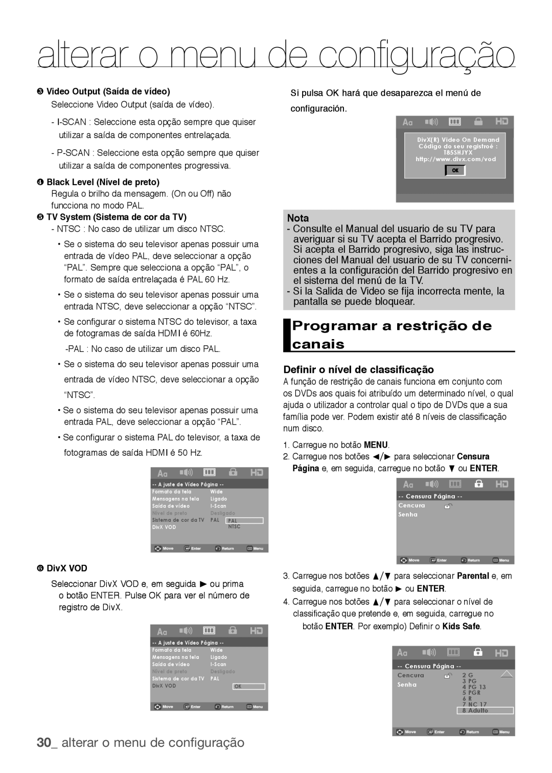 Samsung DVD-H1080R/XEC Programar a restrição de canais, Definir o nível de classificação, ❹ Black Level Nível de preto 