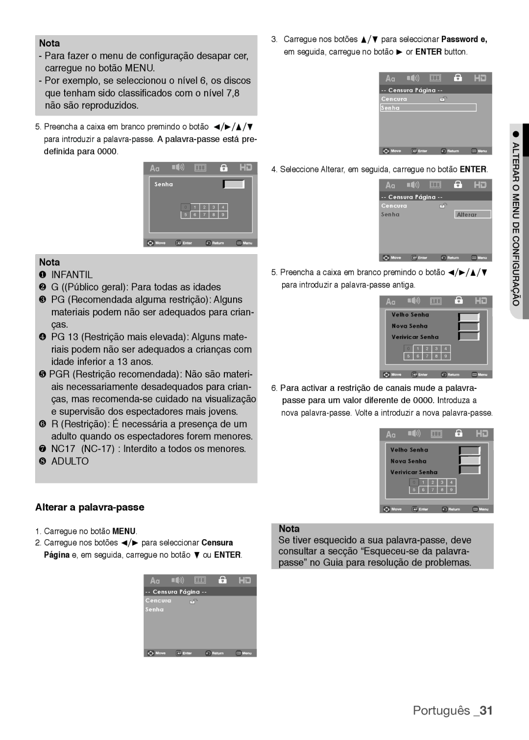 Samsung DVD-H1080/XEC, DVD-H1080R/XEC Alterar a palavra-passe, Seleccione Alterar, em seguida, carregue no botão Enter 