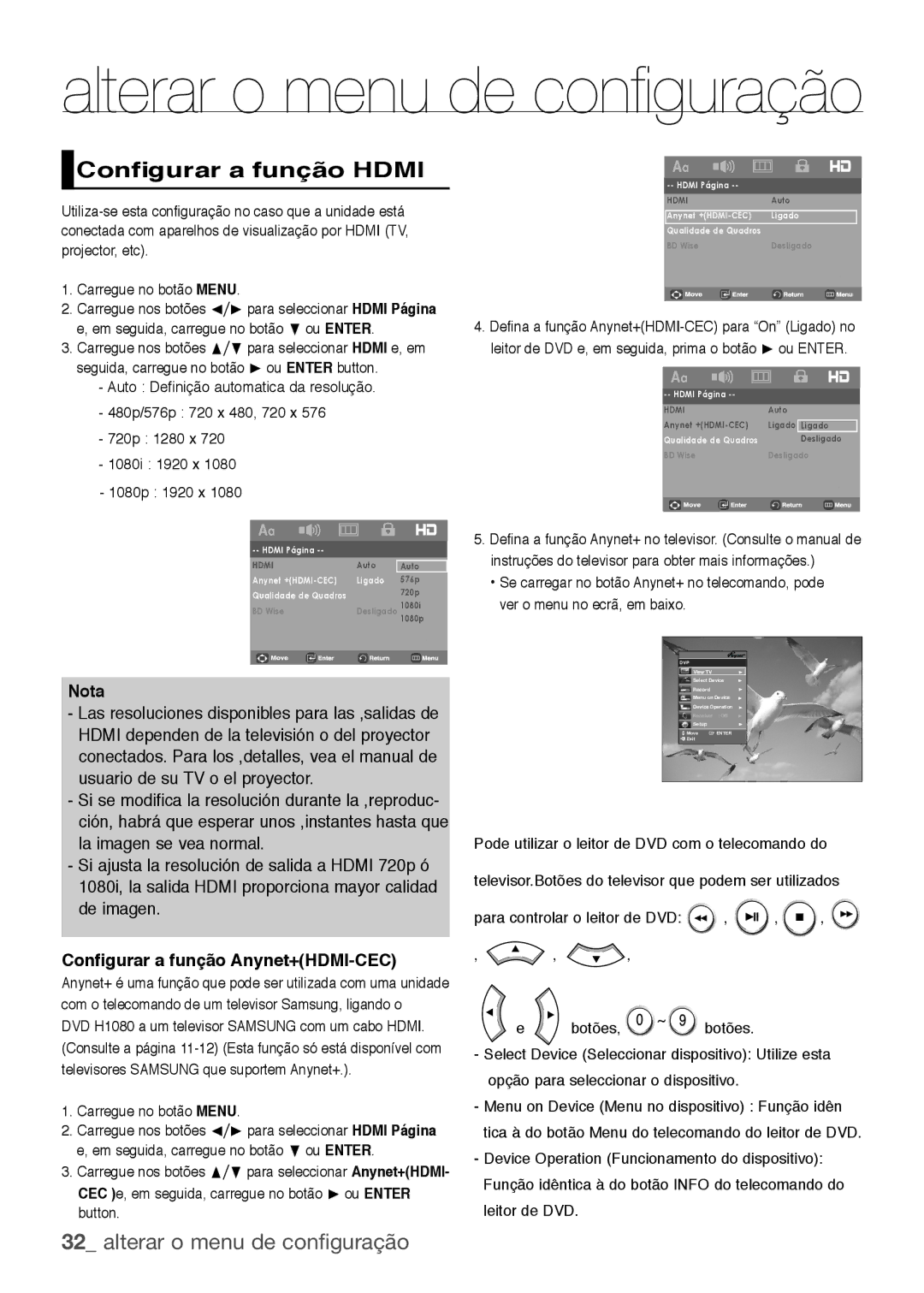 Samsung DVD-H1080R/XEC, DVD-H1080/XEC manual Configurar a função Hdmi, Configurar a função Anynet+HDMI-CEC 