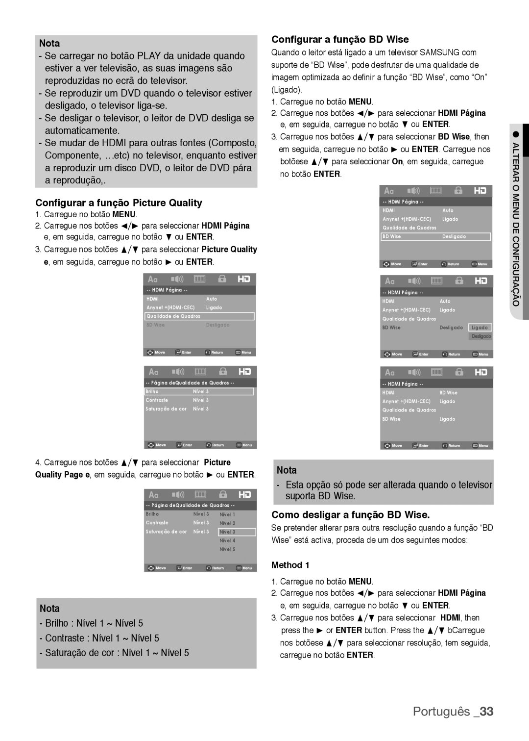 Samsung DVD-H1080/XEC Configurar a função Picture Quality, Configurar a função BD Wise, Como desligar a função BD Wise 