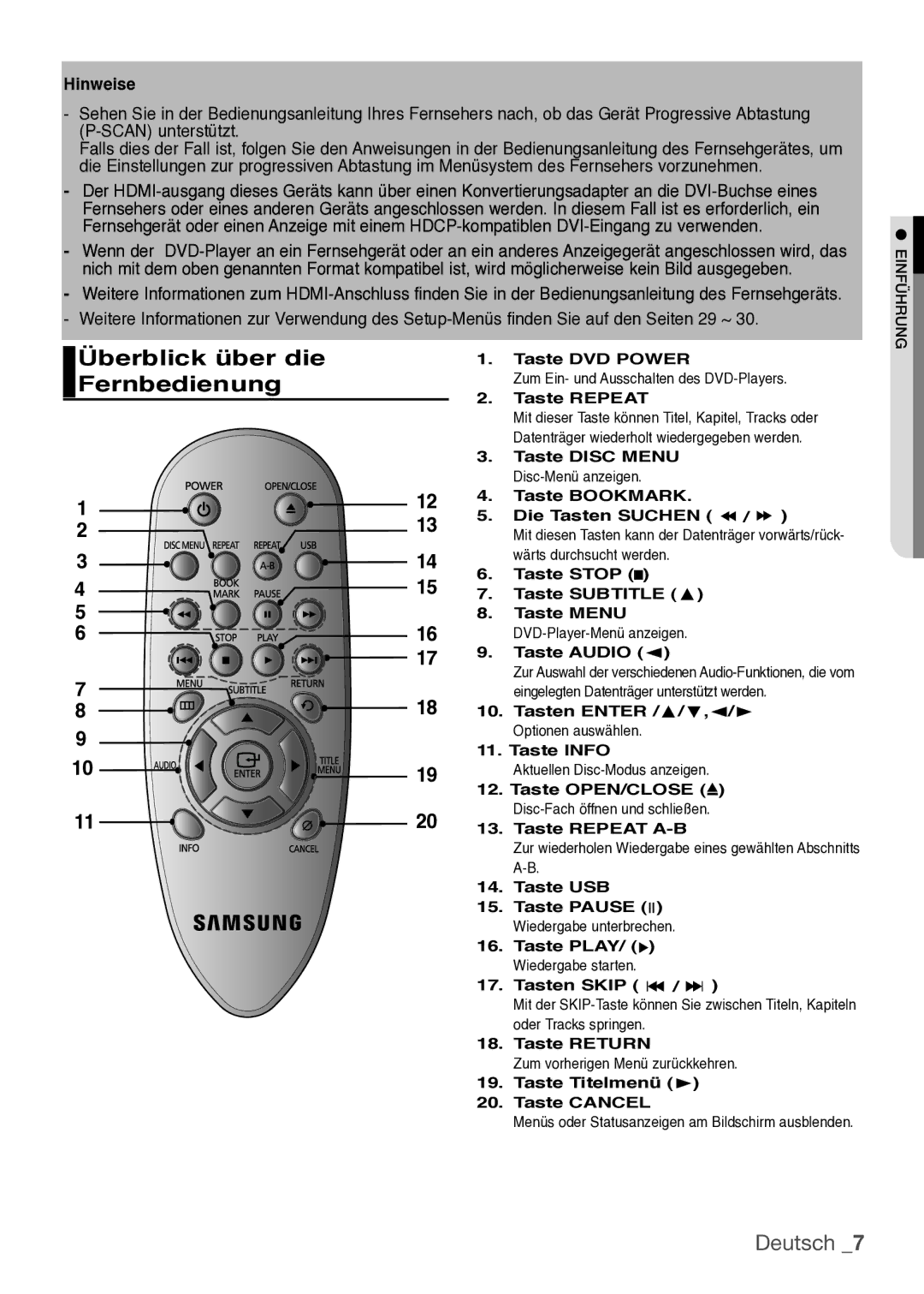 Samsung DVD-F1080W/XEL, DVD-H1080R/XEL, DVD-H1080W/XEL, DVD-H1080/XEL manual Überblick über die Fernbedienung, Hinweise 