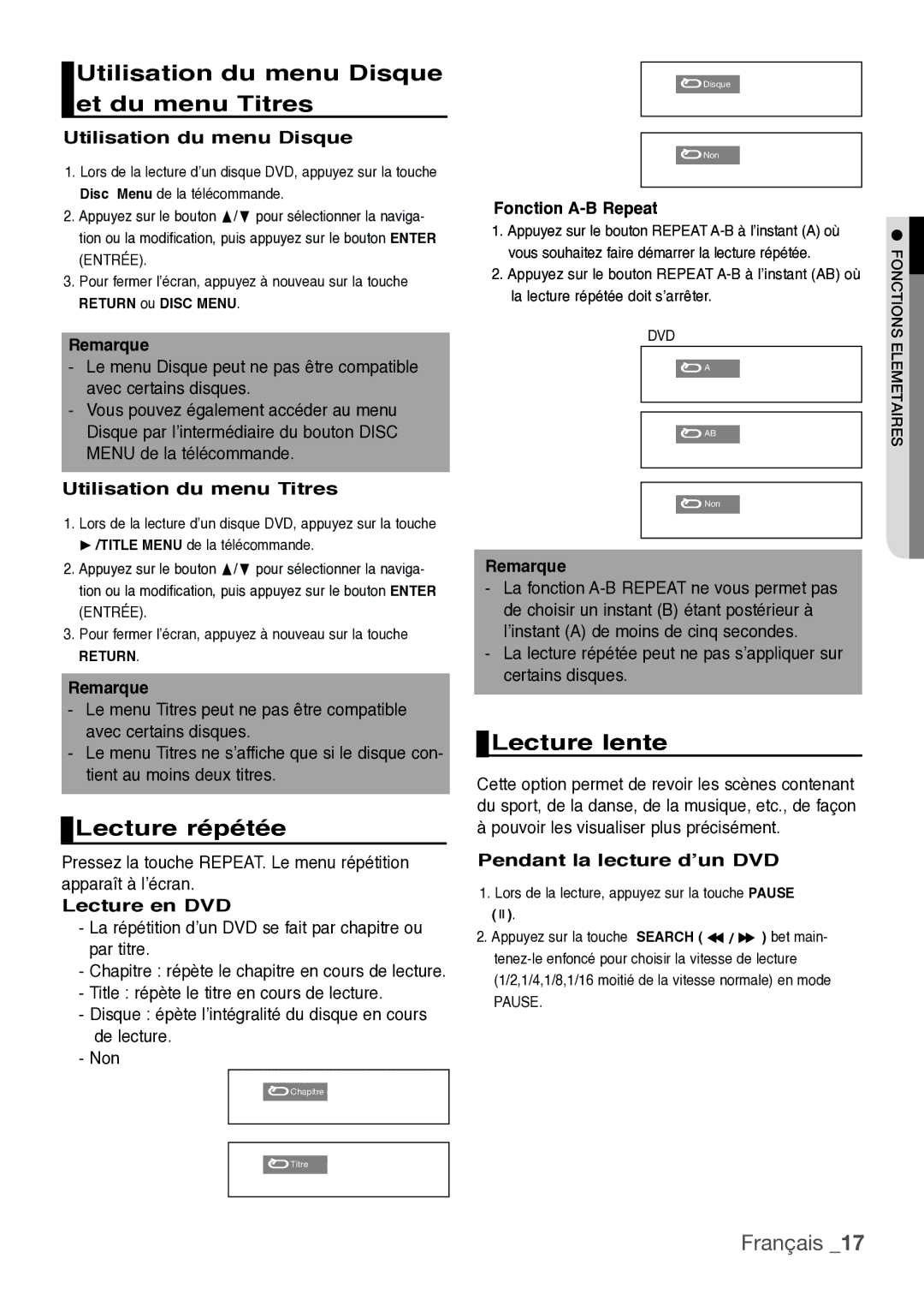 Samsung DVD-F1080W/XEL, DVD-H1080R/XEL manual Utilisation du menu Disque et du menu Titres, Lecture répétée, Lecture lente 