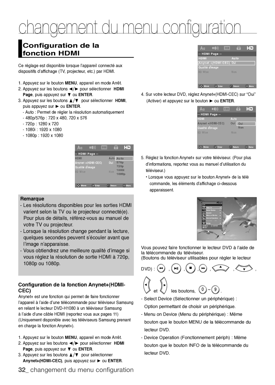 Samsung DVD-H1080R/XEL, DVD-F1080W/XEL Configuration de la fonction Hdmi, Configuration de la fonction Anynet+HDMI- CEC 