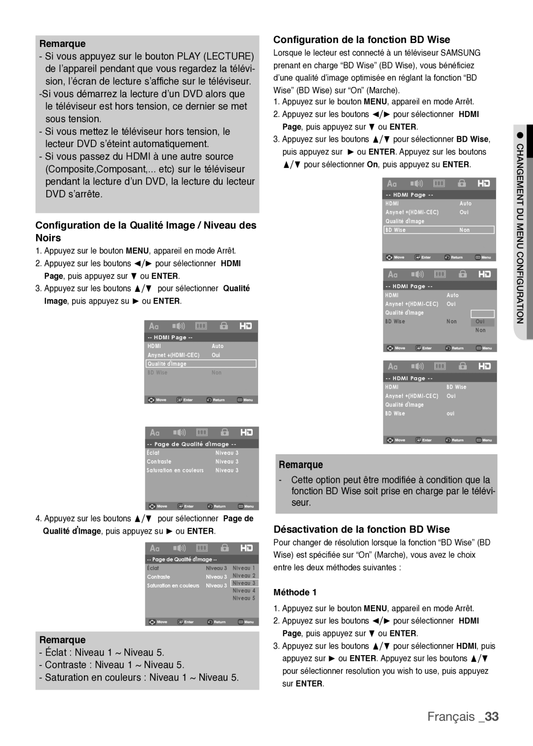 Samsung DVD-F1080W/XEL Configuration de la Qualité Image / Niveau des Noirs, Configuration de la fonction BD Wise, Méthode 