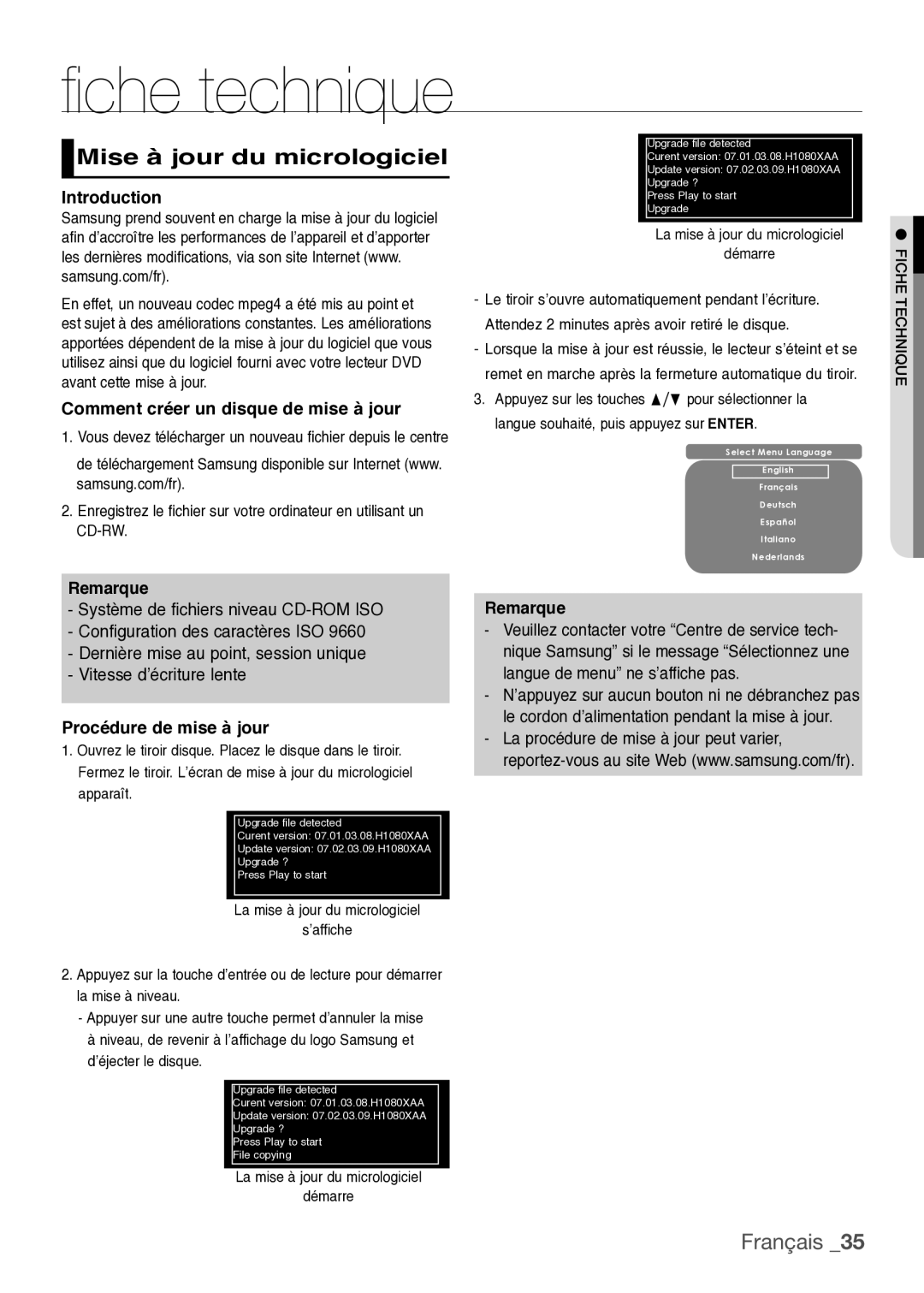 Samsung DVD-H1080/XEL manual Mise à jour du micrologiciel, Comment créer un disque de mise à jour, Procédure de mise à jour 