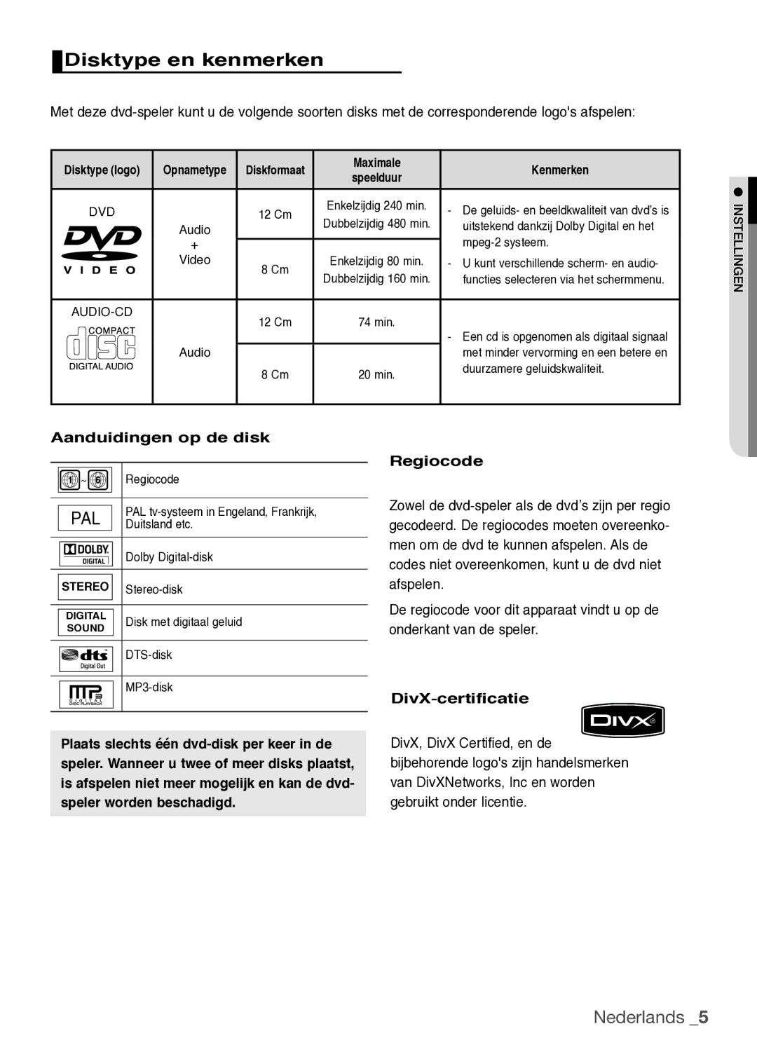 Samsung DVD-H1080W/XEL, DVD-H1080R/XEL, DVD-F1080W/XEL, DVD-H1080/XEL manual Disktype en kenmerken 