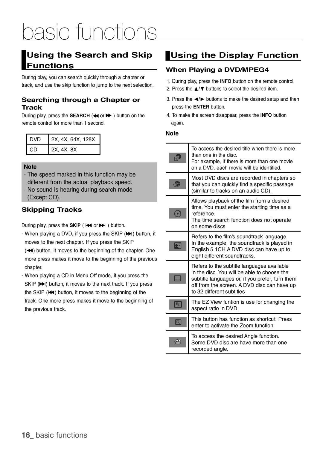 Samsung DVD-H1080W Using the Search and Skip Functions, Using the Display Function, Searching through a Chapter or Track 