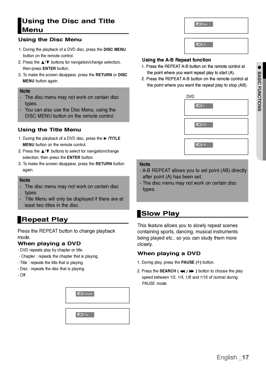 Samsung DVD-H1080W, DVD-H1080R, DVDH1080 user manual Using the Disc and Title Menu, Repeat Play, Slow Play 