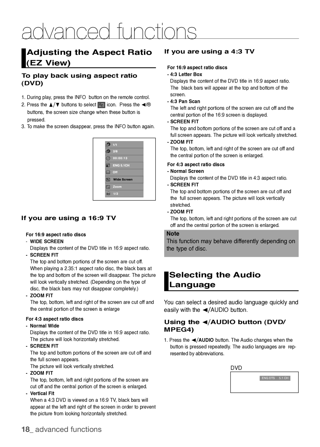 Samsung DVD-H1080R, DVD-H1080W Advanced functions, Adjusting the Aspect Ratio EZ View, Selecting the Audio Language 