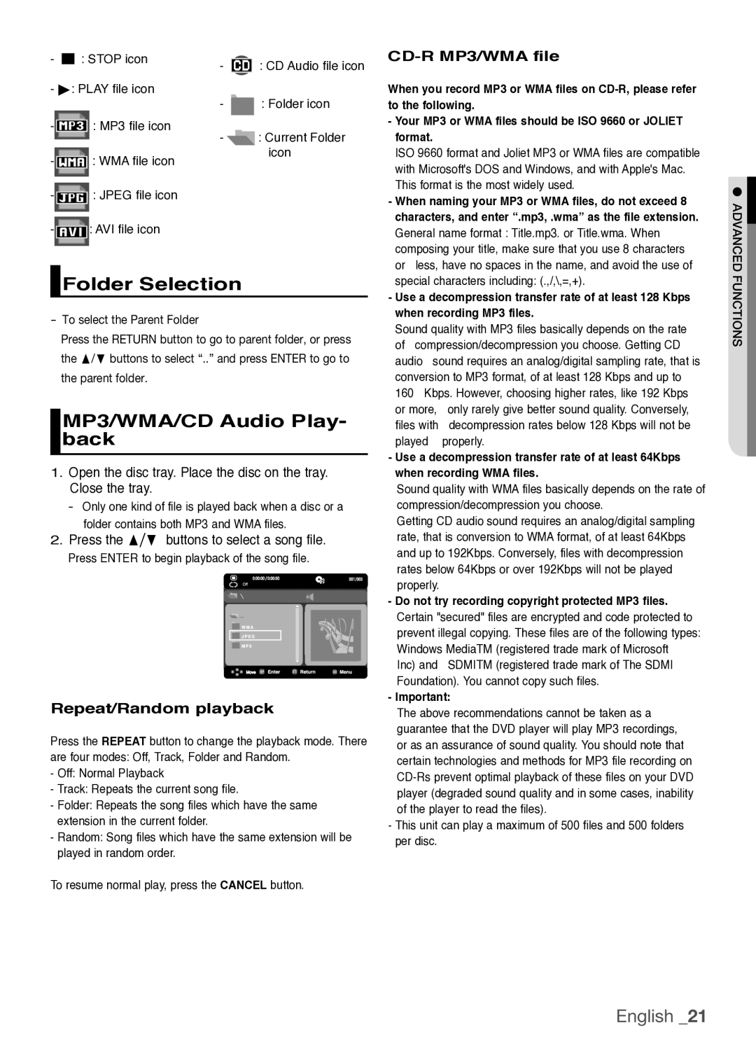 Samsung DVD-H1080W, DVD-H1080R, DVDH1080 user manual Folder Selection, Repeat/Random playback, CD-R MP3/WMA file 