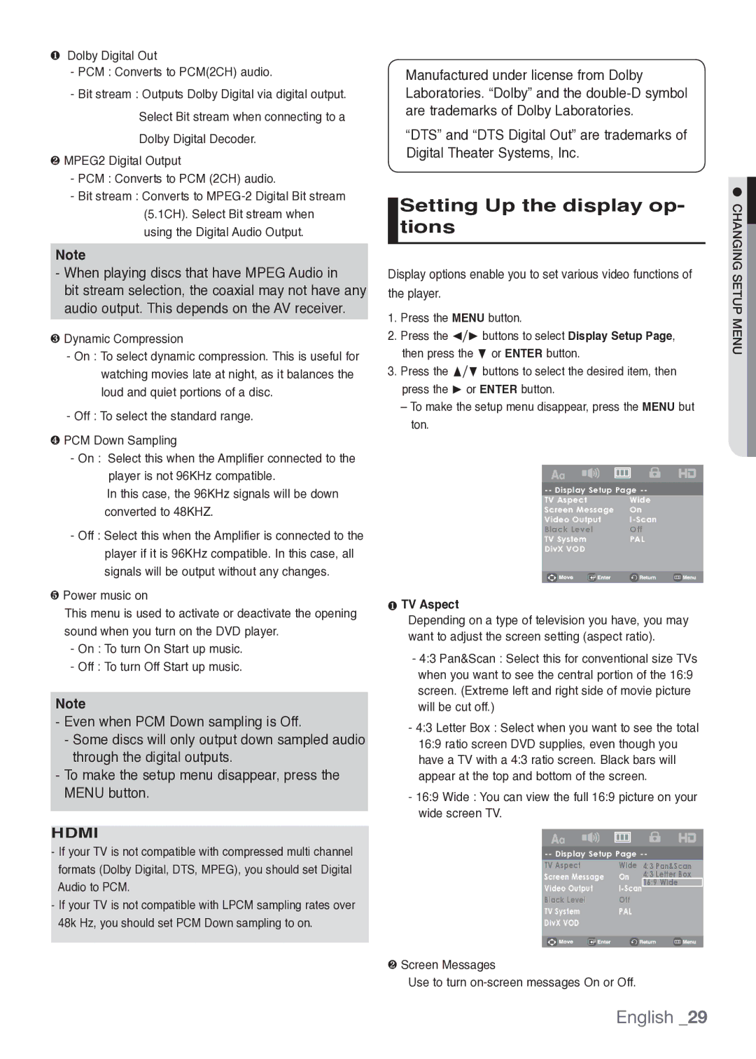 Samsung DVD-H1080 Setting Up the display op- tions, ❶ Dolby Digital Out PCM Converts to PCM2CH audio, ❶ TV Aspect 