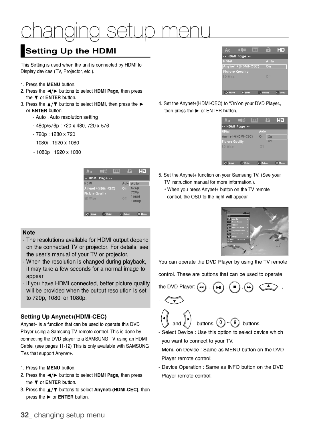 Samsung DVD-H1080W, DVD-H1080R, DVDH1080 user manual Setting Up the Hdmi, Setting Up Anynet+HDMI-CEC 