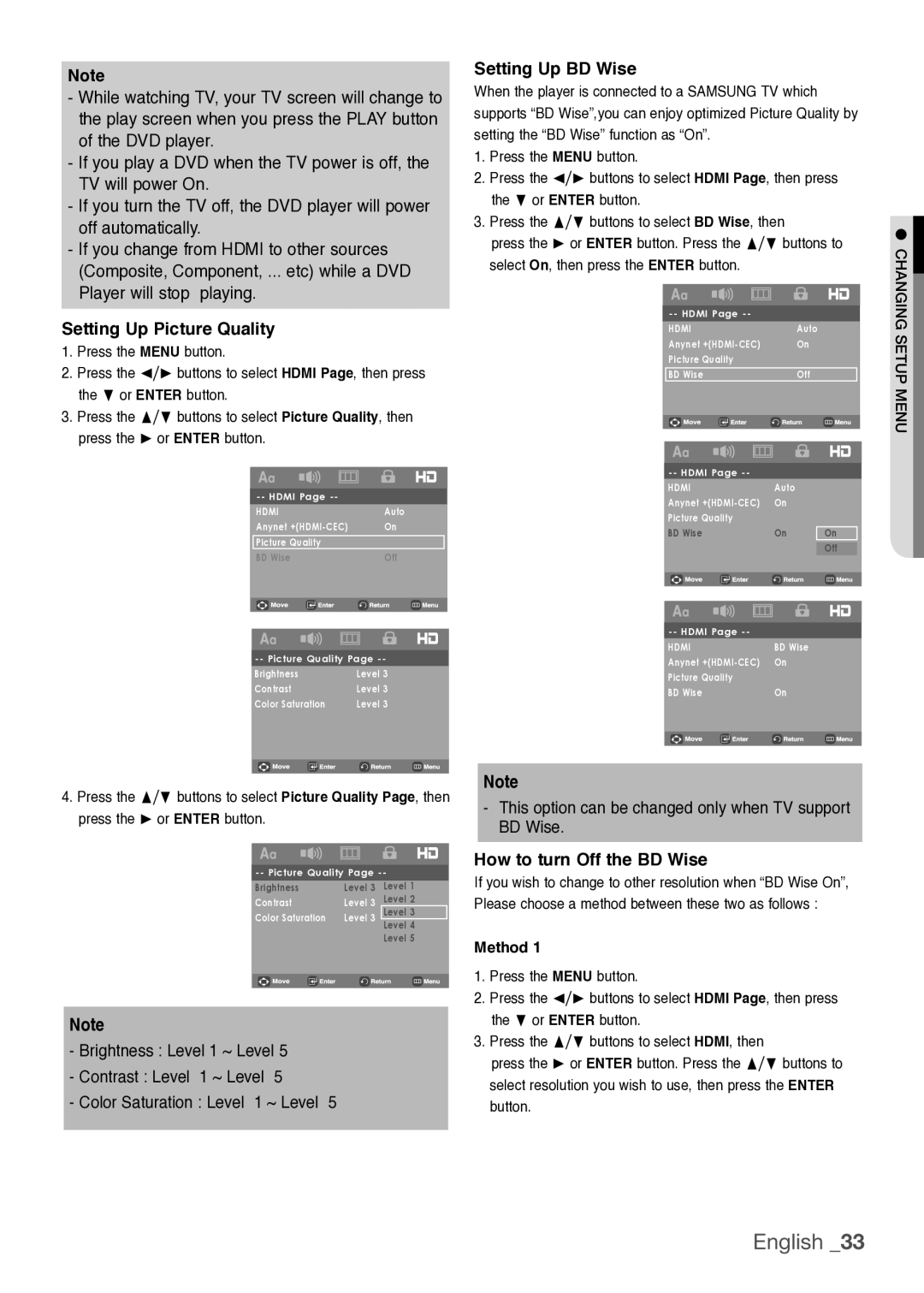 Samsung DVD-H1080W, DVD-H1080R Setting Up Picture Quality, Setting Up BD Wise, How to turn Off the BD Wise, Method 