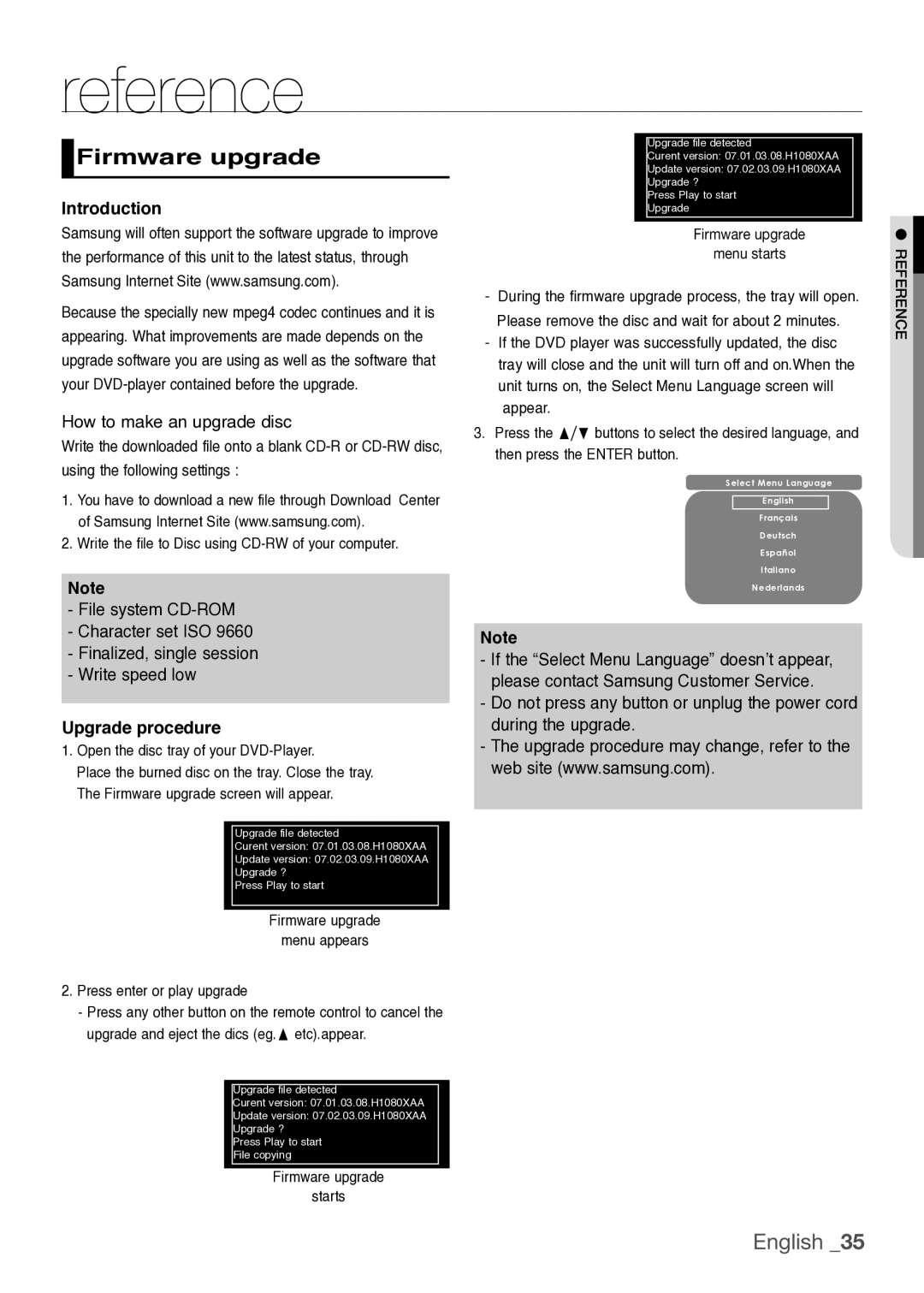 Samsung DVDH1080, DVD-H1080W, DVD-H1080R user manual Reference, Firmware upgrade, Introduction, Upgrade procedure 