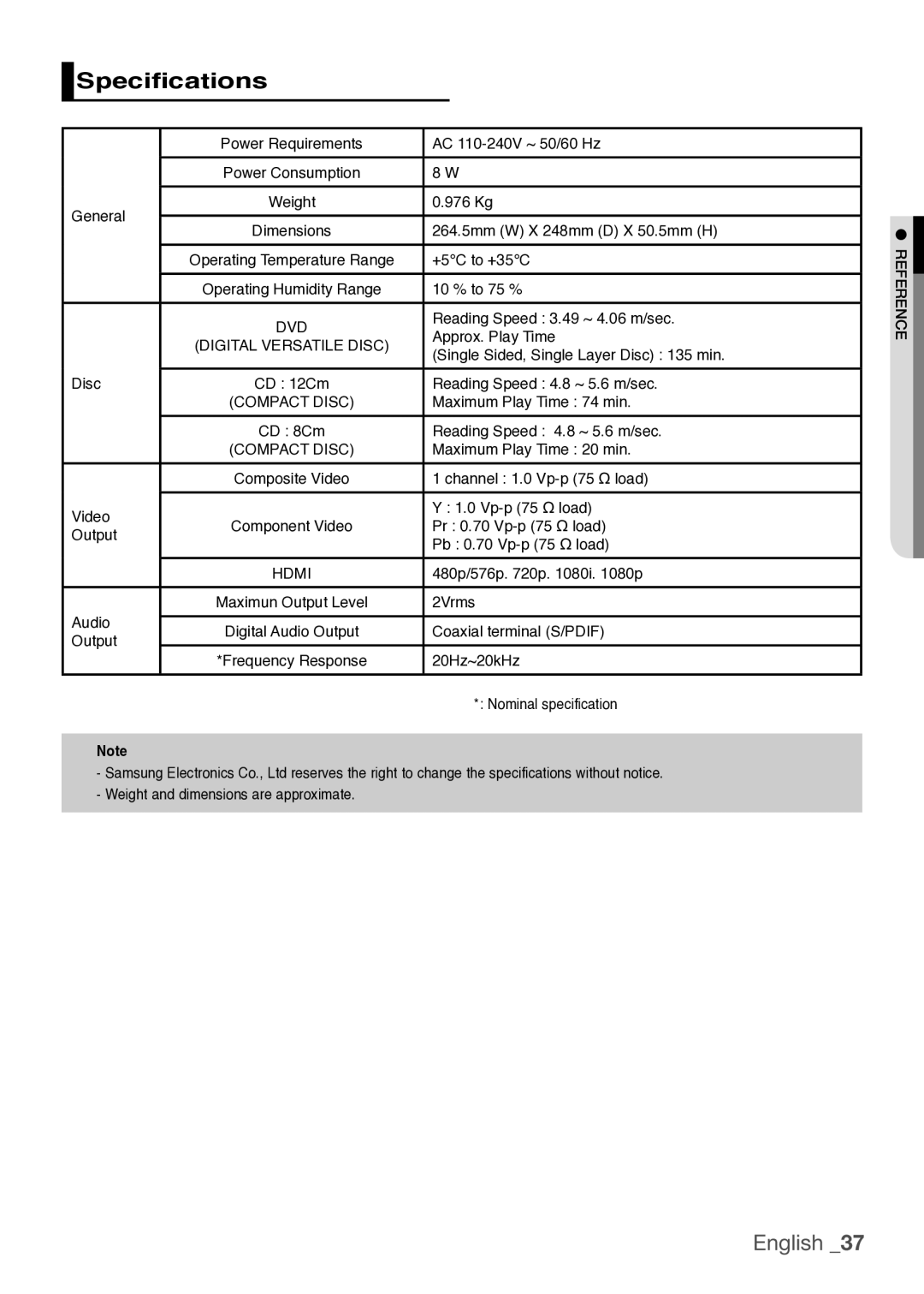 Samsung DVD-H1080W, DVD-H1080R, DVDH1080 user manual Specifications 