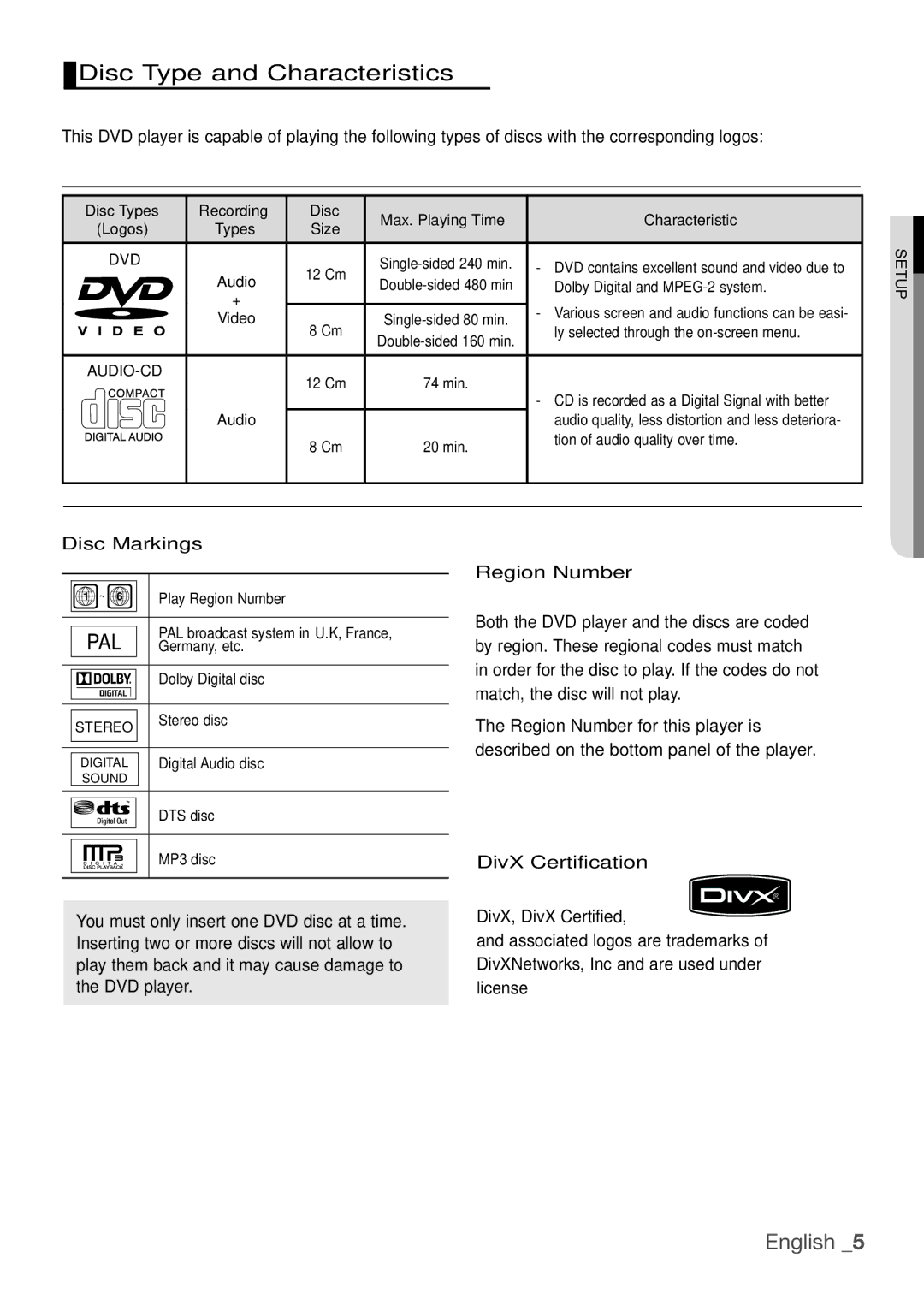 Samsung DVD-H1080W, DVD-H1080R, DVDH1080 user manual Disc Type and Characteristics, Disc Markings, DivX Certification 