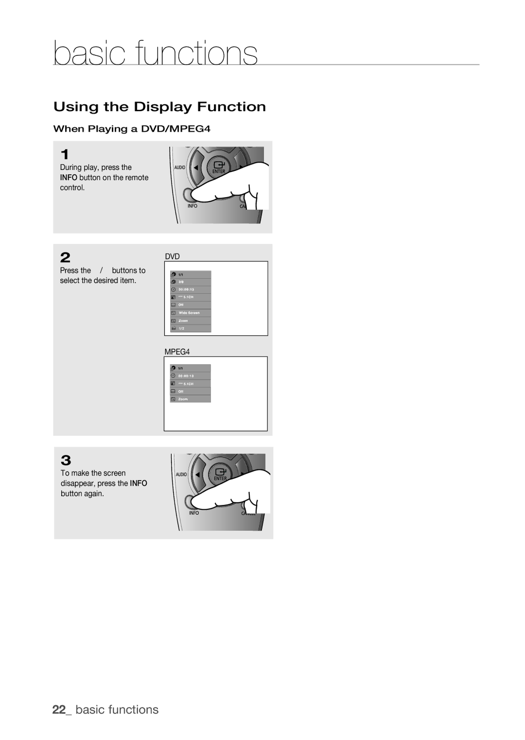 Samsung DVD-H1080W, DVD-H1080R user manual Using the Display Function, When Playing a DVD/MPEG4 