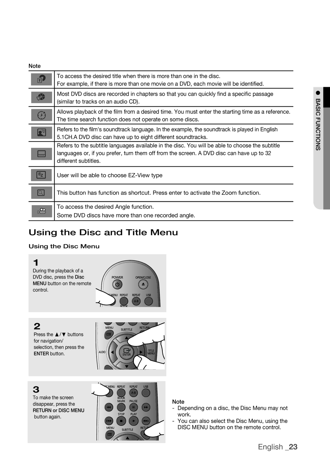 Samsung DVD-H1080R Using the Disc and Title Menu, Using the Disc Menu, Depending on a disc, the Disc Menu may not work 