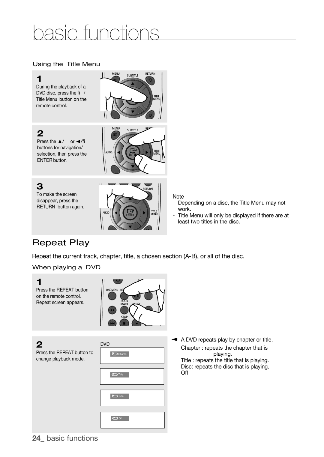 Samsung DVD-H1080W, DVD-H1080R user manual Repeat Play, Using the Title Menu, When playing a DVD 