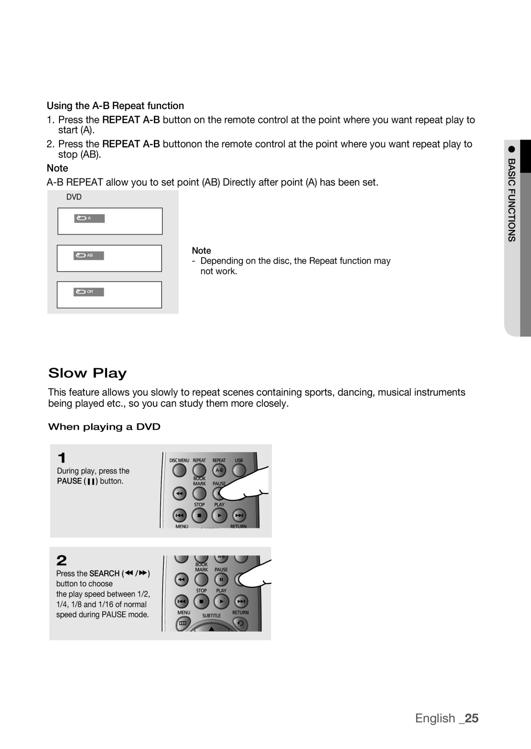 Samsung DVD-H1080R, DVD-H1080W user manual Slow Play, Depending on the disc, the Repeat function may not work 