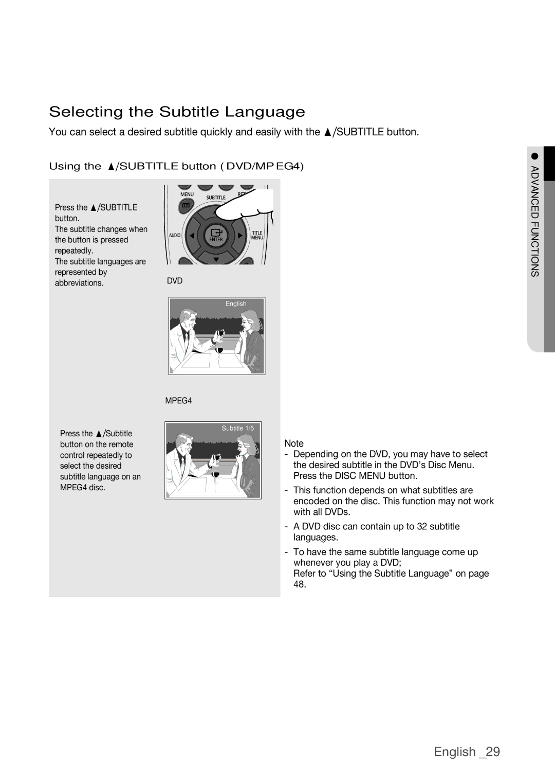 Samsung DVD-H1080R, DVD-H1080W user manual Selecting the Subtitle Language, Using the π/SUBTITLE button DVD/MPEG4 