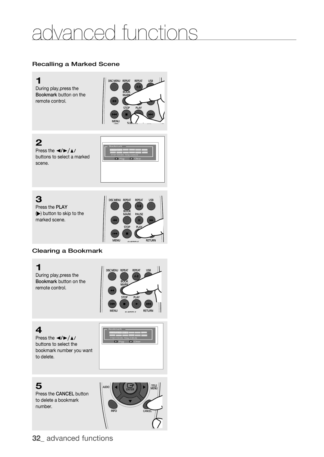 Samsung DVD-H1080W, DVD-H1080R user manual Recalling a Marked Scene, Clearing a Bookmark 