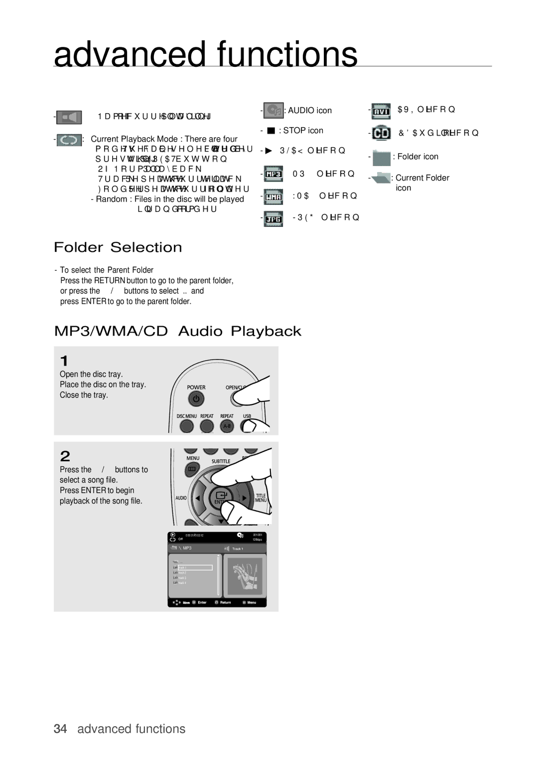Samsung DVD-H1080W, DVD-H1080R user manual Folder Selection, MP3/WMA/CD Audio Playback 