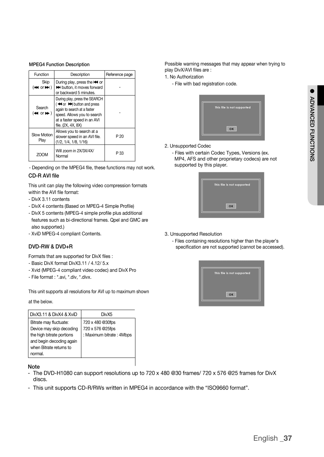 Samsung DVD-H1080R, DVD-H1080W user manual Advanced Functions CD-R AVI file, MPEG4 Function Description 