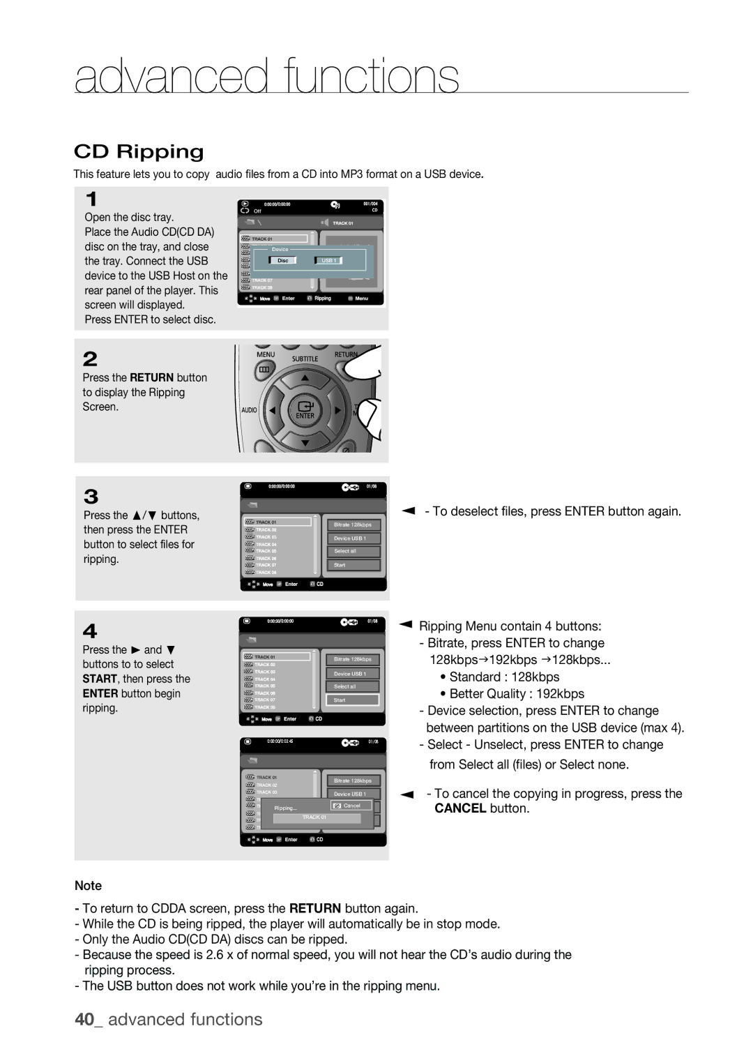 Samsung DVD-H1080W, DVD-H1080R user manual CD Ripping, Standard 128kbps Better Quality 192kbps 