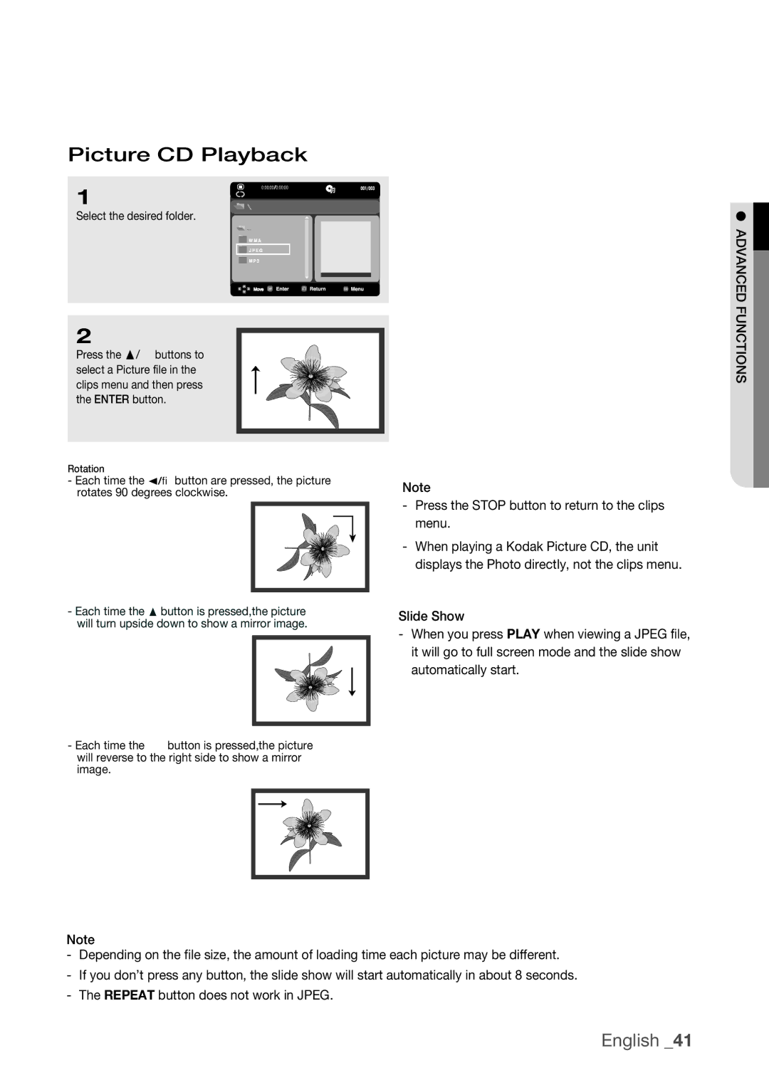 Samsung DVD-H1080R, DVD-H1080W user manual Picture CD Playback, Press the Stop button to return to the clips menu 