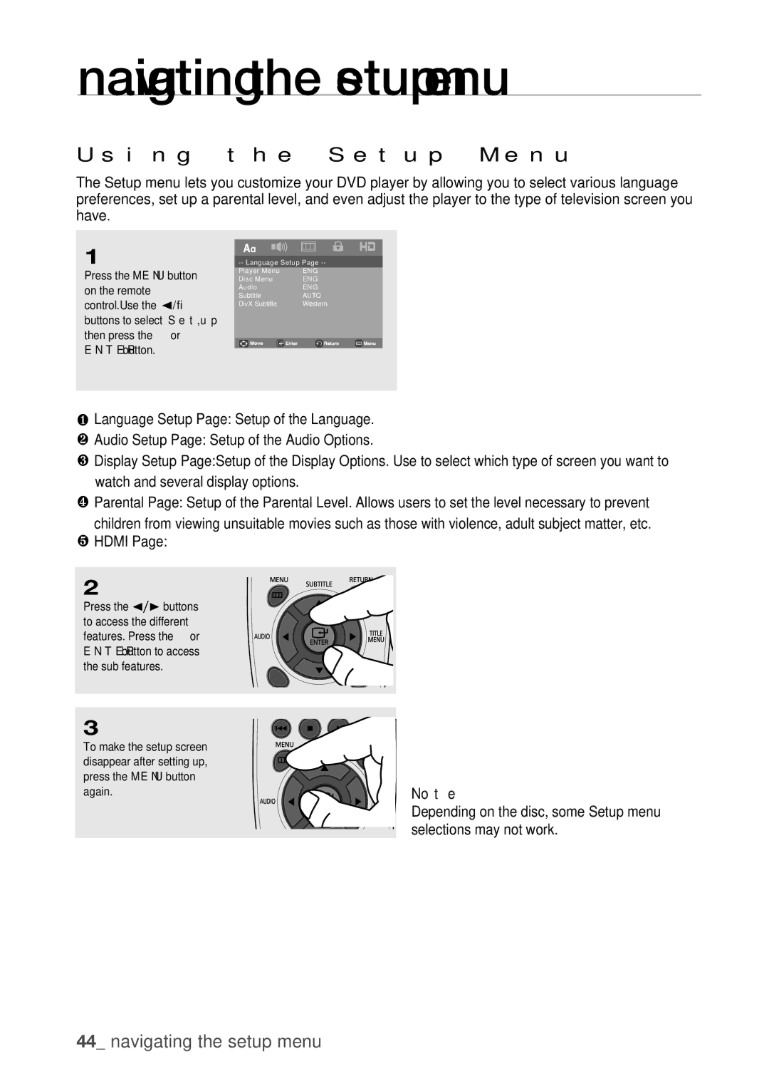 Samsung DVD-H1080W, DVD-H1080R user manual Navigating the setup menu, Using the Setup Menu 