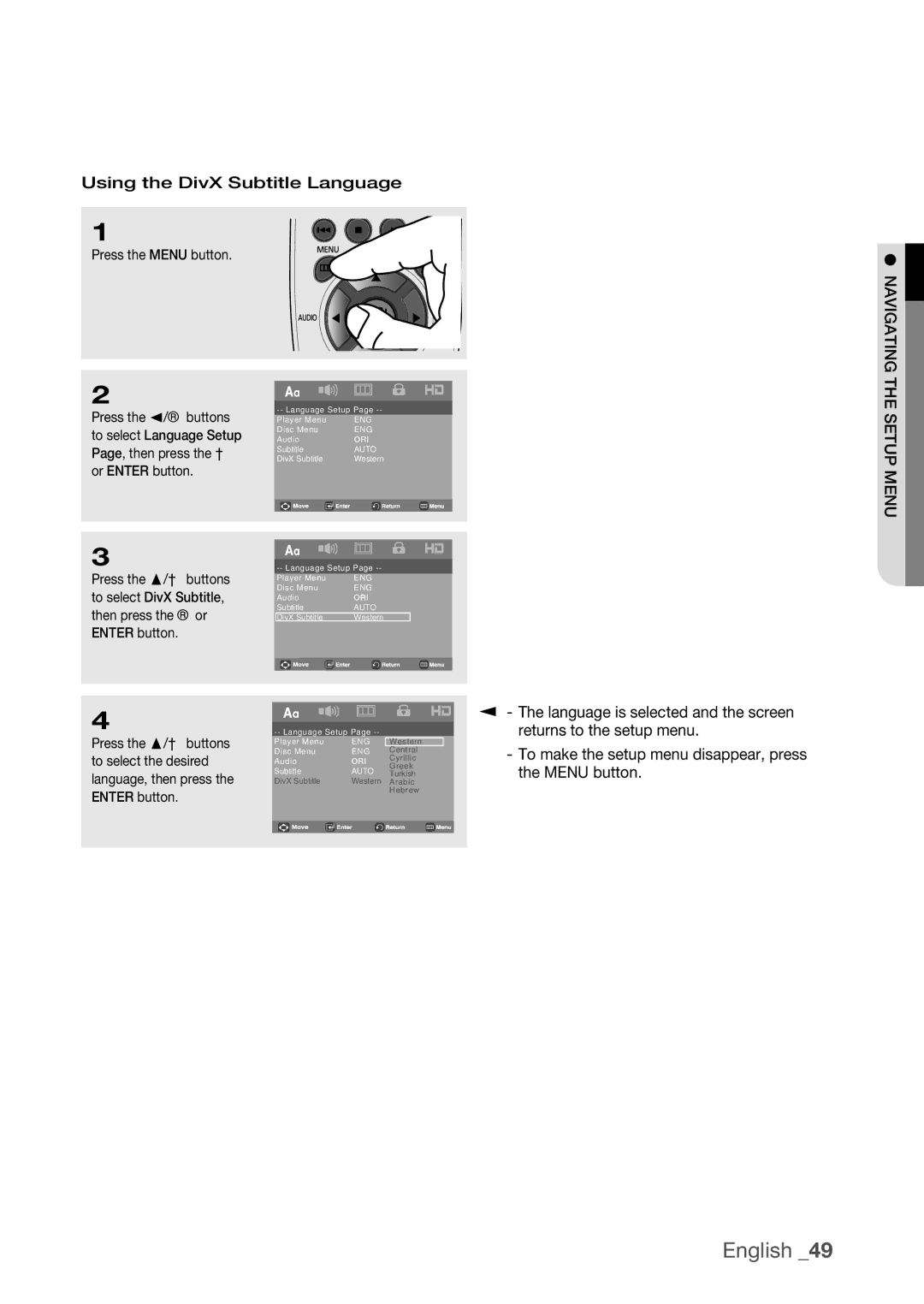 Samsung DVD-H1080R, DVD-H1080W user manual Using the DivX Subtitle Language 